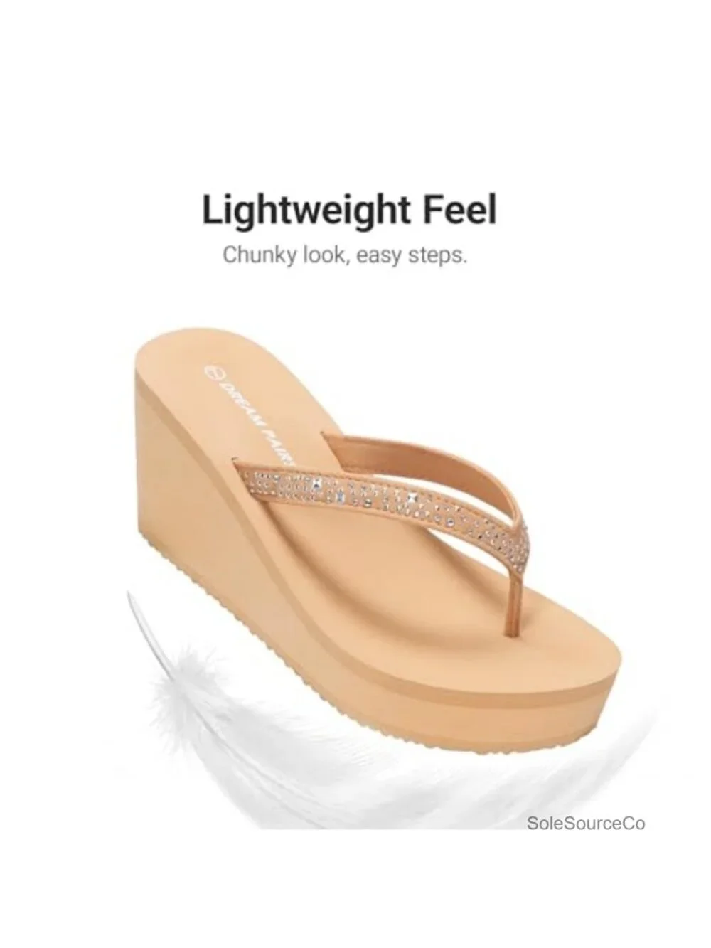 Platform Wedge Flip Flops with Rhinestones, Faux Suede Sandals